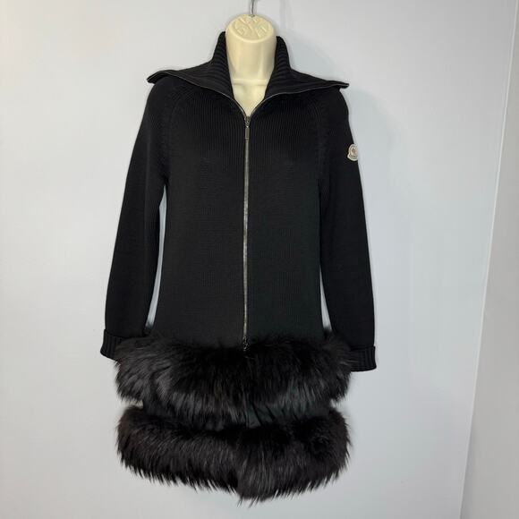 Moncler Cashmere Cardigan Zip Jacket Fur Button Luxury Black Women's S - Picture 1 of 16